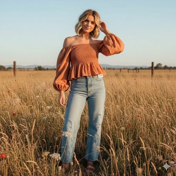 LA Hearts Smocked Square Neck Peplum Top Orange S Shirred Cotton boho cottage - Picture 1 of 7